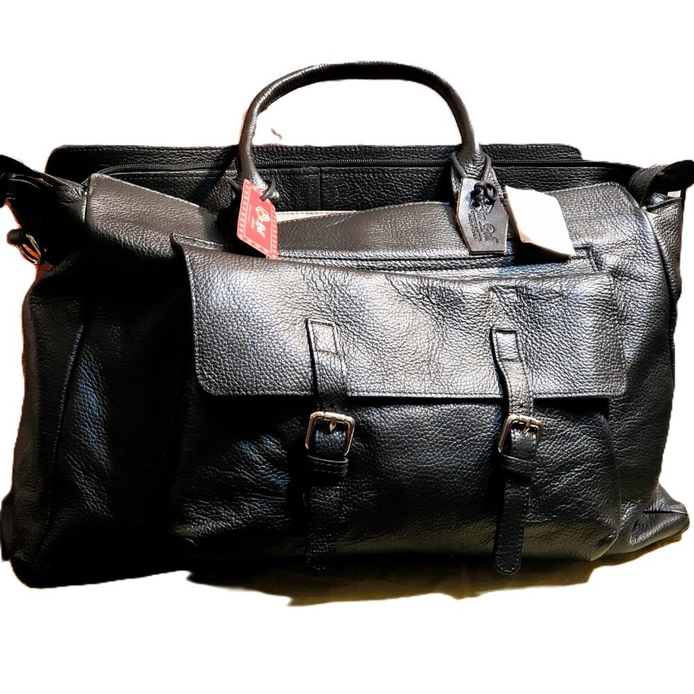 NWT In Pell Italian Leather 21” Utilitarian Duffel Bag Weekender | Black